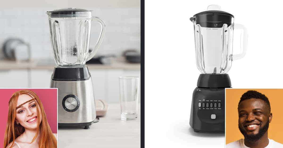A blender on an isolated background that appeals to a male customer, and a blender in a real kitchen that appeals to a female customer