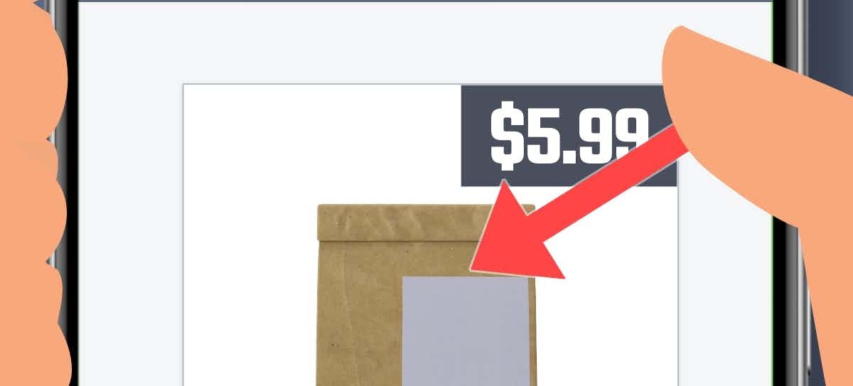 A product card with the price in the top-right corner. A user's thumb is tapping the product by crossing over the price.