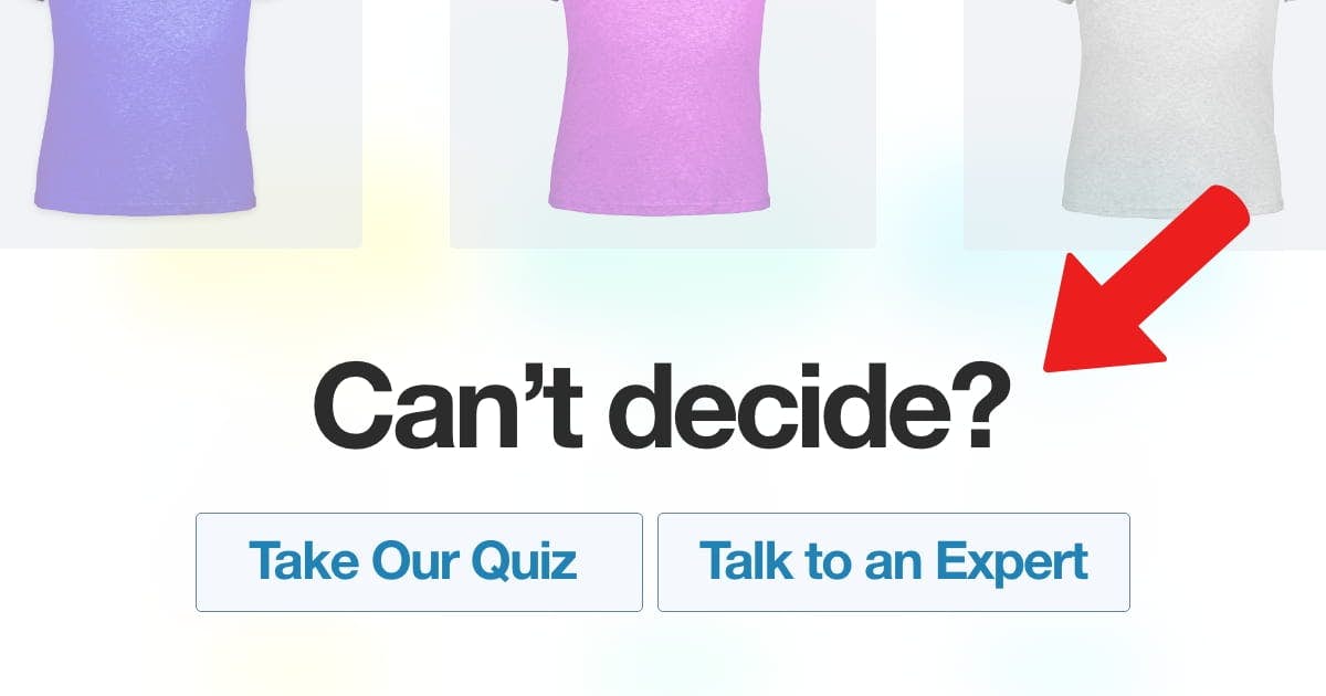 End of a product catalog with "Can't Decide?" and relevant links (e.g., Take Our Quiz, Talk to an Expert)