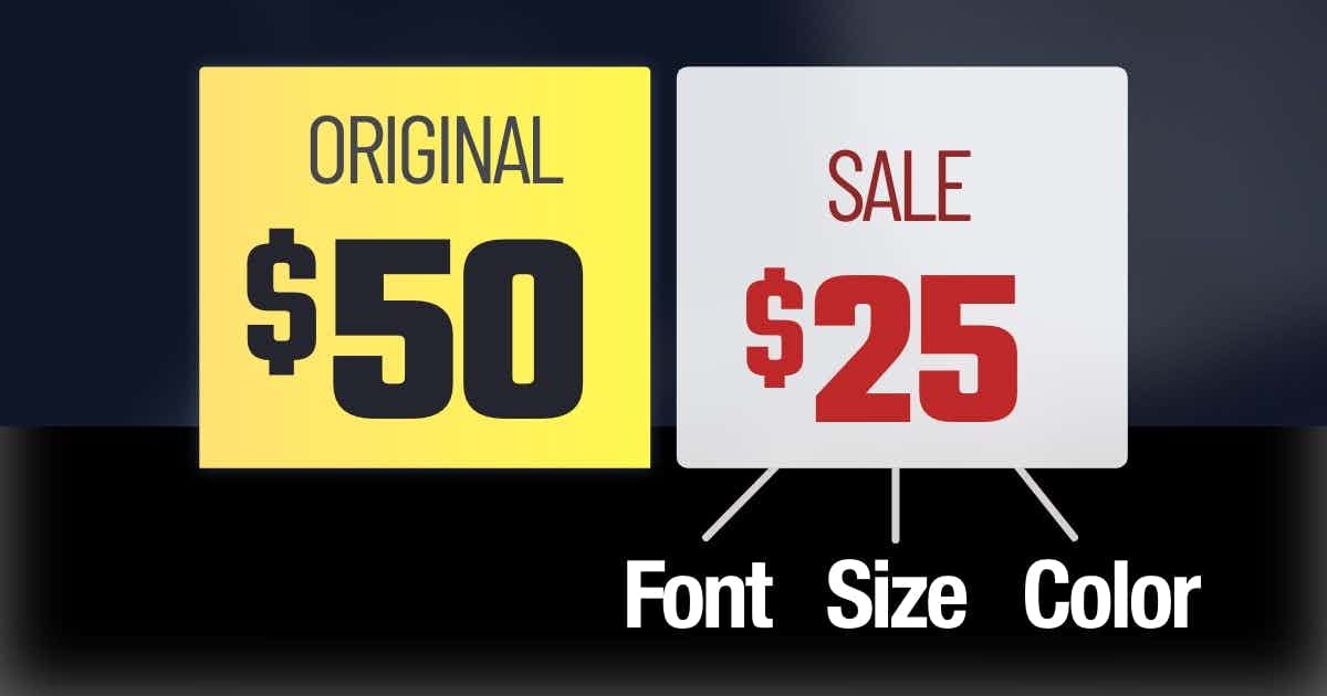 $50 original price with $25 sale price that has different font, size, and color