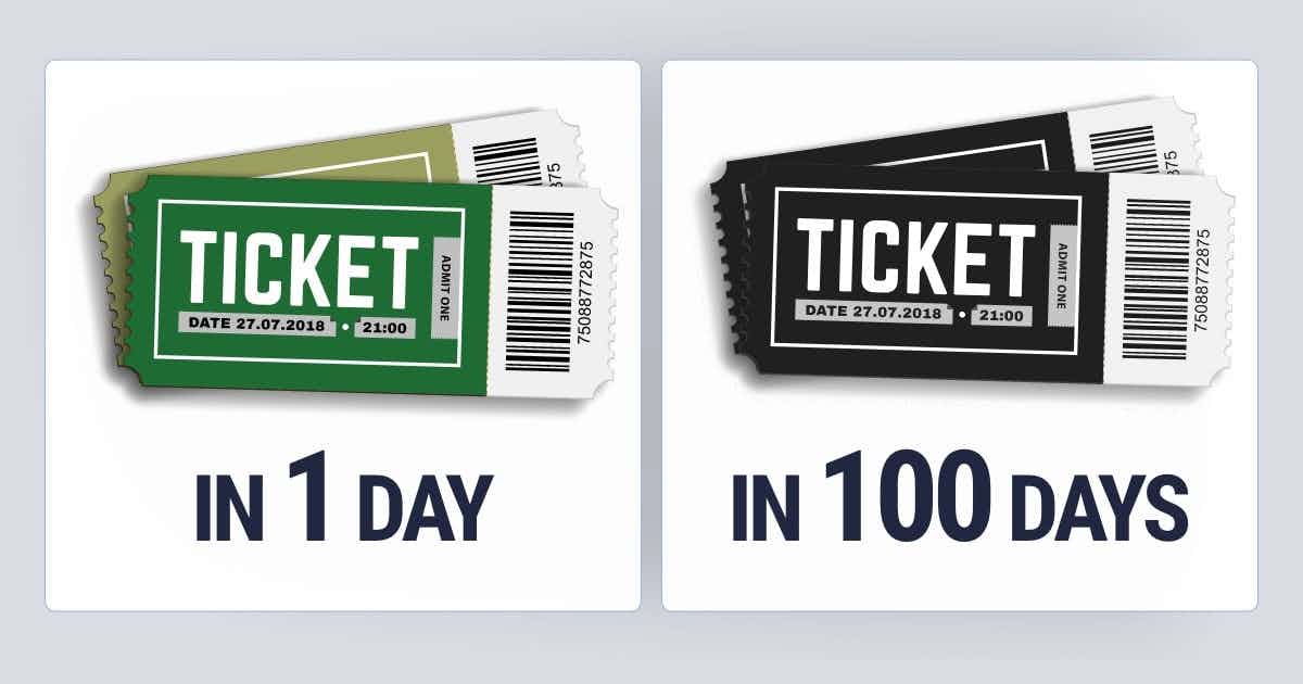 Tickets for tomorrow are shown in a vibrant color, whereas tickets for next year are shown in black and white