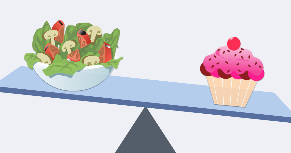 A teeter-totter balancing a salad and cupcake