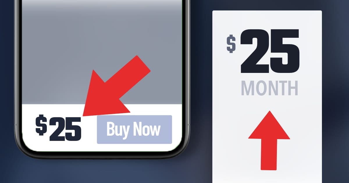 Price toward left of buy button on mobile, and price at top of monthly plan