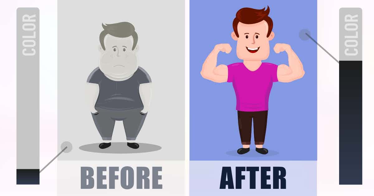 A fitness ad with before and after photos. The before version is grayscale; the after version is fully colored