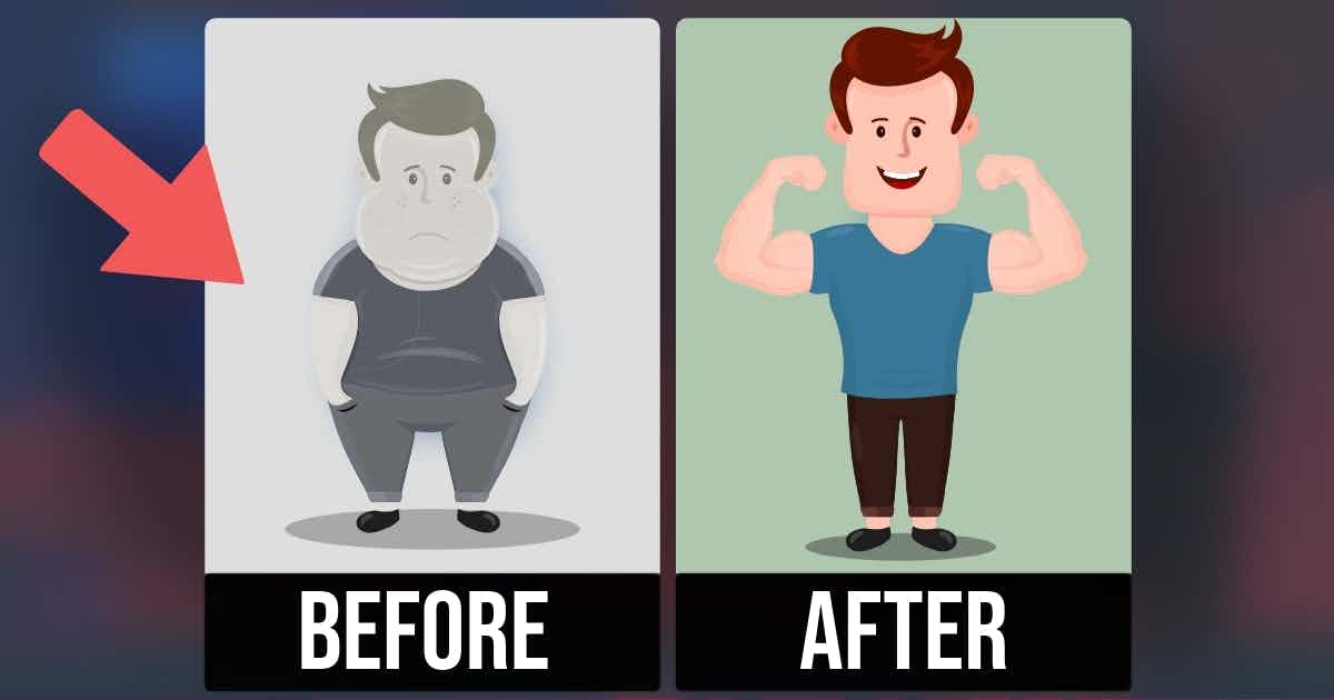 A fitness ad that shows versions of before and after using the product. The before version is in black and white.