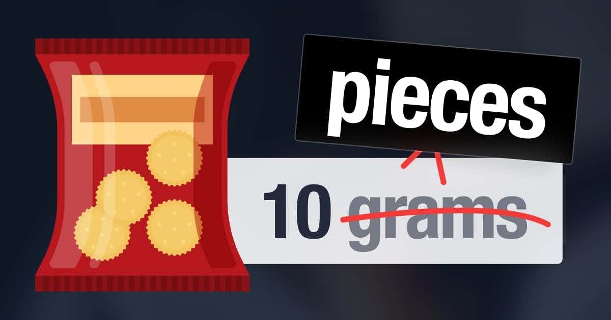 Bag of chips with 10 grams, and "grams" is replaced with "pieces"